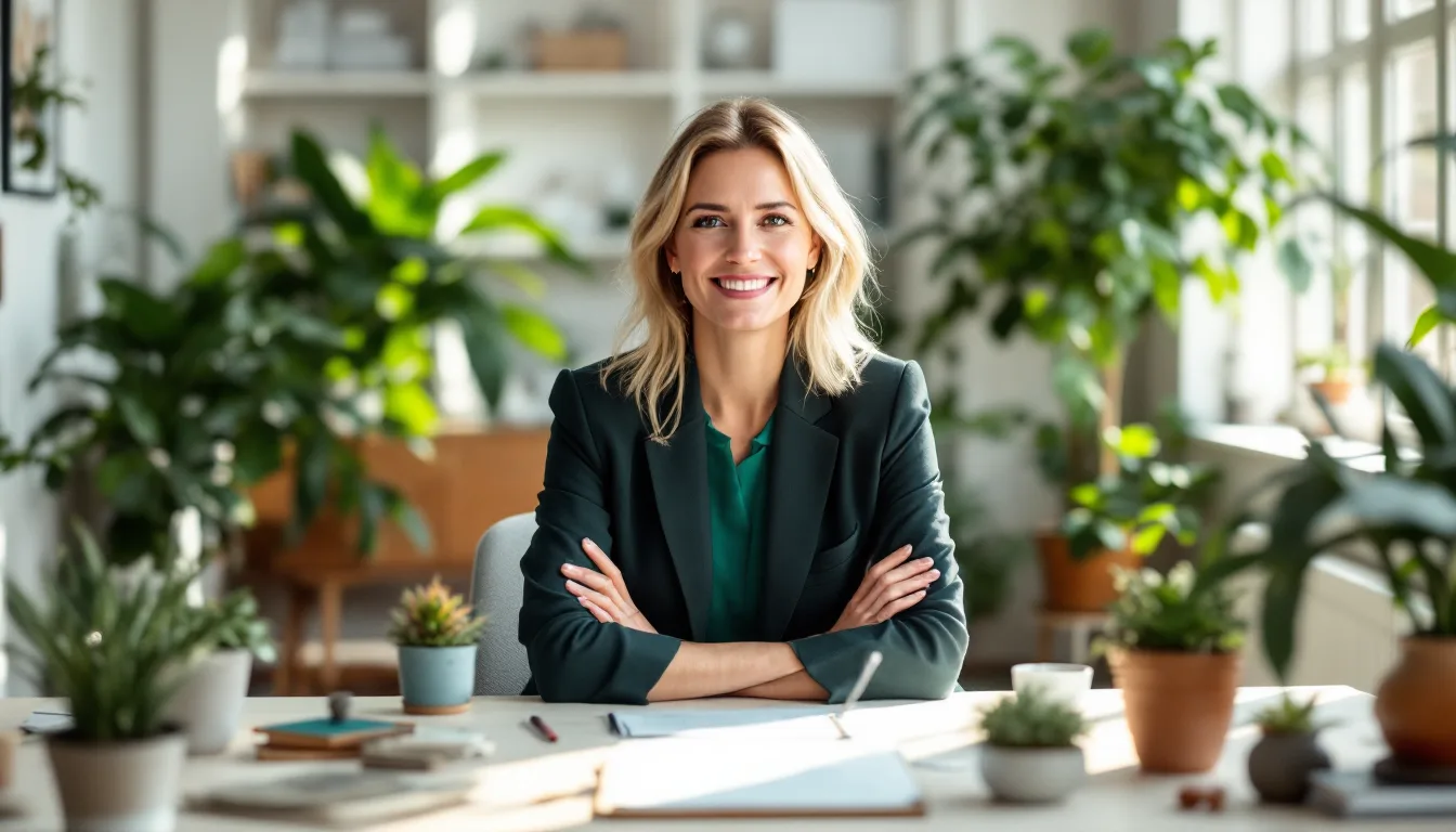 A coach in a bright, plant-filled studio office